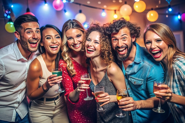 a group of friends are having a party with drinks and a man wearing a red dress