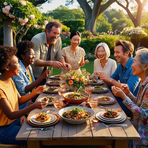 A group of friends are sitting in big table in the garden eating and chatting