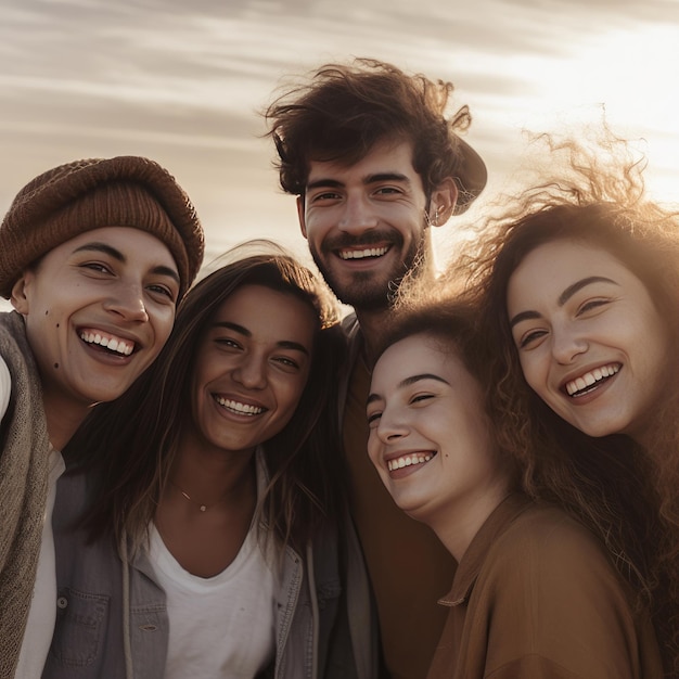 A group of friends are smiling and laughing together.