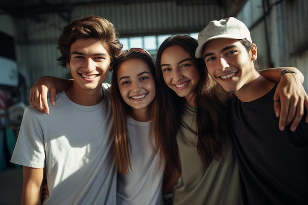 Photo a group of friends are smiling and one has a smile on his face.