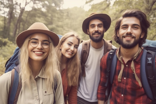 A group of friends are standing in a forest.