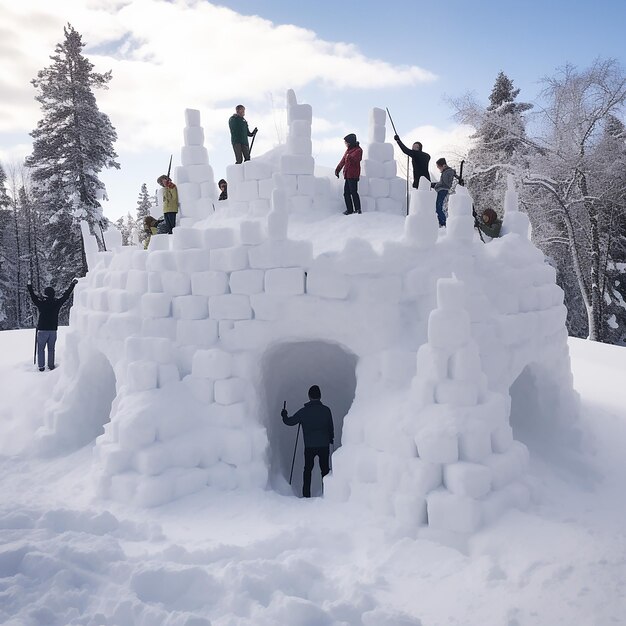 A group of friends build a snow castle