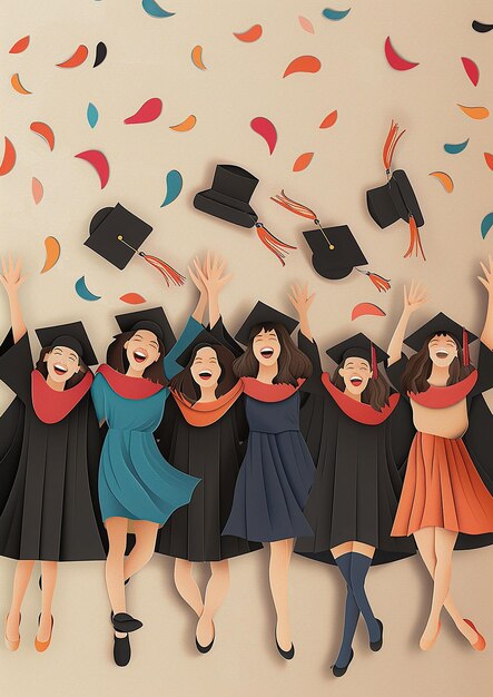 Photo group of friends in caps and gowns laughing celebrating after the ceremony vector papercut