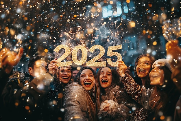 Photo group of friends celebrating new year 2024