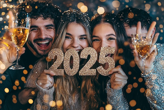 Photo group of friends celebrating new year 2024