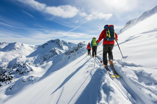 Group of friends cheer on each other while ascending a steep snowy mountain slope on skis