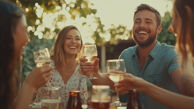 Photo group of friends cheering and clinking glasses in a joyful celebration setting