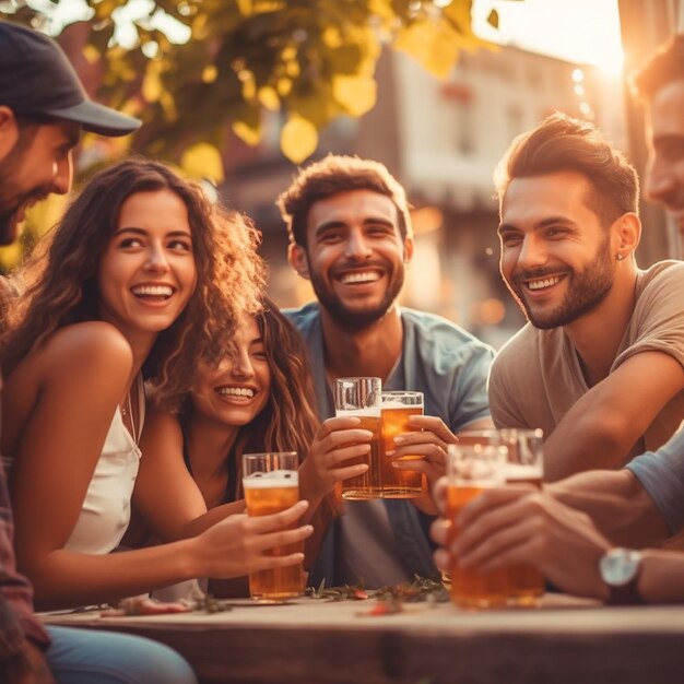 group of friends cheering with drink