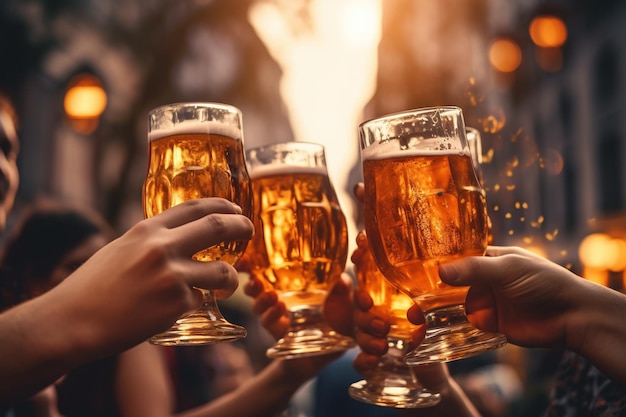 Group of friends clinking glasses of beer at party with AI generated