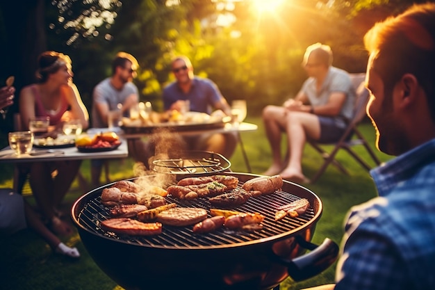 A group of friends congregating around a bbq to unwind on a summer day while enjoying the sun