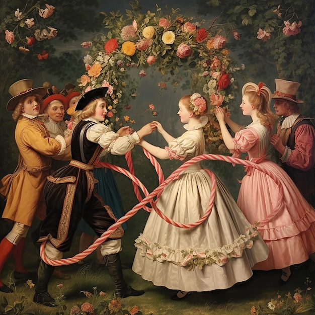 A group of friends dances around a Structure decorated with ribbons and flowers