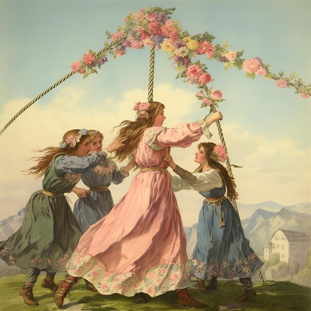 A group of friends dancing around a maypole adorned with ribbons and flowers