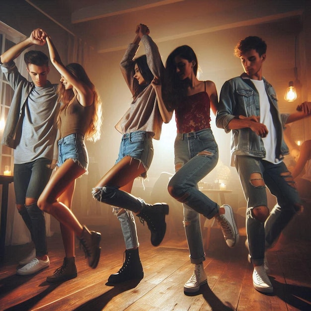 Group of friends dancing in the middle of the night