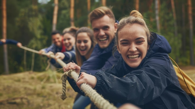 Photo a group of friends determined and smiling pull a rope in a lively tugofwar competition in a forested area showcasing teamwork and fun