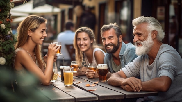 Group of friends of different ages enjoing beer in an urban landscape summer europe affordable