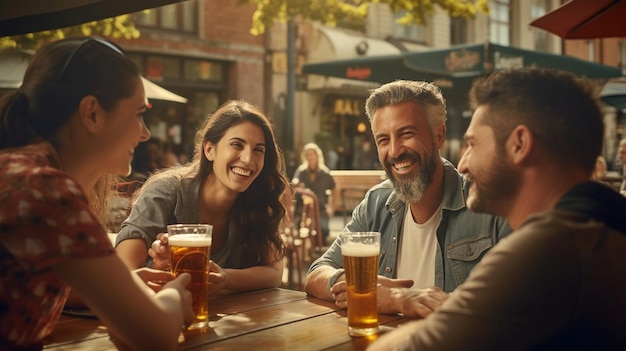 Group of friends of different ages enjoing beer in an urban landscape summer europe affordable