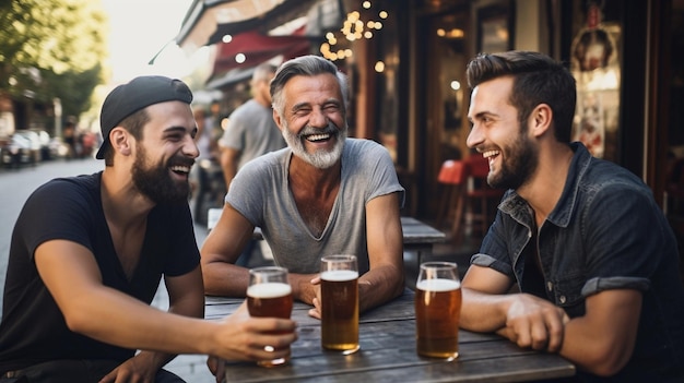 Group of friends of different ages enjoing beer in an urban landscape summer europe affordable