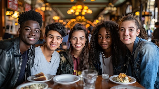 A group of friends of different nationalities are sitting in a cafeHorizontal format