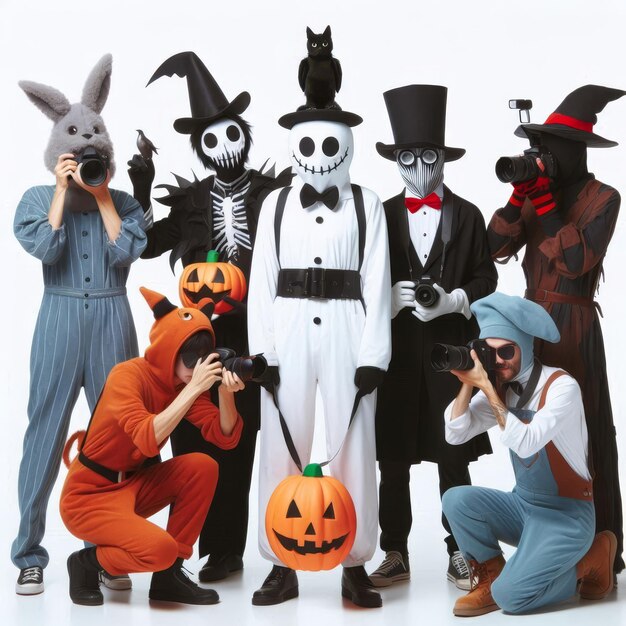 Photo a group of friends dressed in fun and creative halloween costumes posing as photographers with