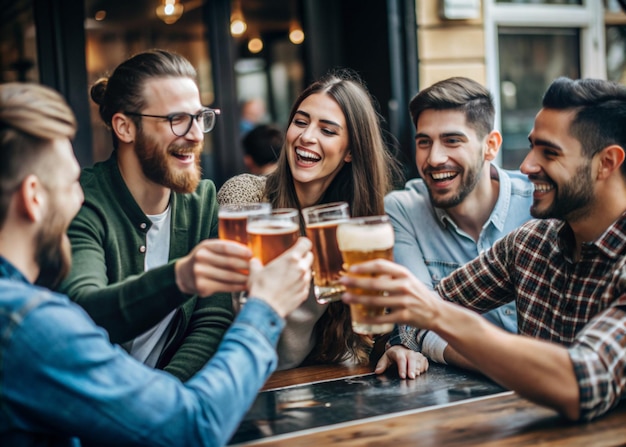 Photo a group of friends drinking beer at a bar