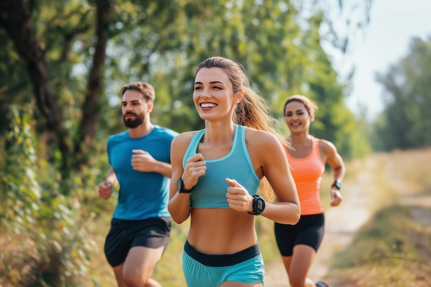 Photo a group of friends engaging in cardio endurance training with fitness watches and motivation