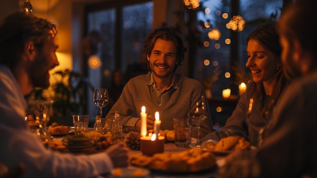 A group of friends enjoy a cozy candlelit dinner together in a warmly lit room