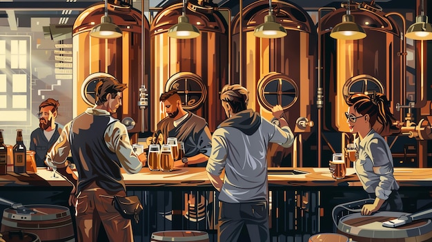 Photo a group of friends enjoy drinks at a bar with large copper tanks in the background