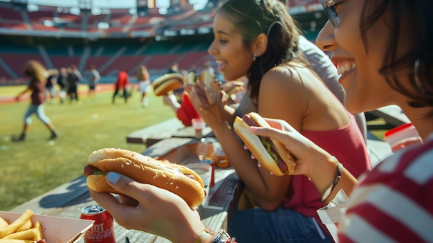 A group of friends enjoy hot dogs and a game at the stadium