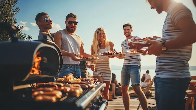 Photo a group of friends enjoy a summer barbecue on a patio