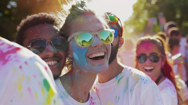 A group of friends enjoy a vibrant colorful festival their faces joyfully smeared with bright colors celebrating with laughter and smiles