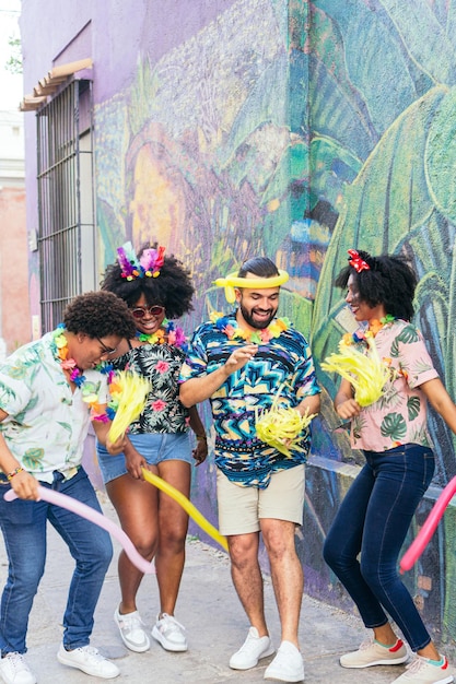 A group of friends enjoying carnival in the streets of Brazil