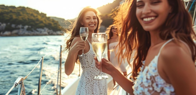 Group of Friends Enjoying Champagne on a Yacht Cruise Luxury Yacht and Boat Charter Concept