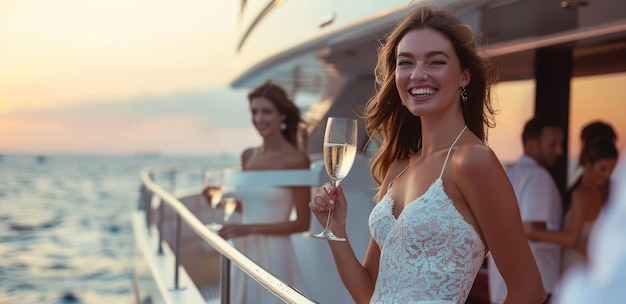 Group of Friends Enjoying Champagne on a Yacht Cruise Luxury Yacht and Boat Charter Concept