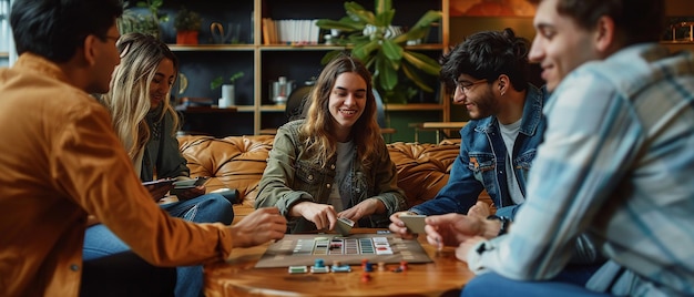 Photo group of friends enjoying coffee and games around a table