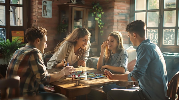 Photo group of friends enjoying coffee and games around a table