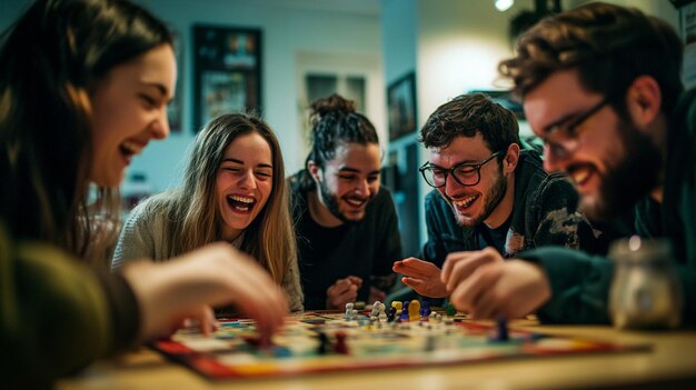 Photo group of friends enjoying a competitive game of monopoly together for a fun evening