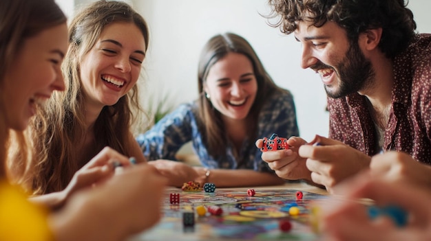 Photo a group of friends enjoying a fun evening playing board games together