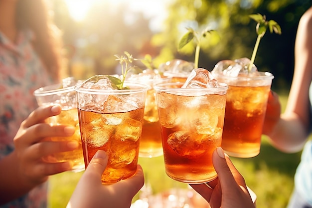 A group of friends enjoying iced tea on a rooftop terrace