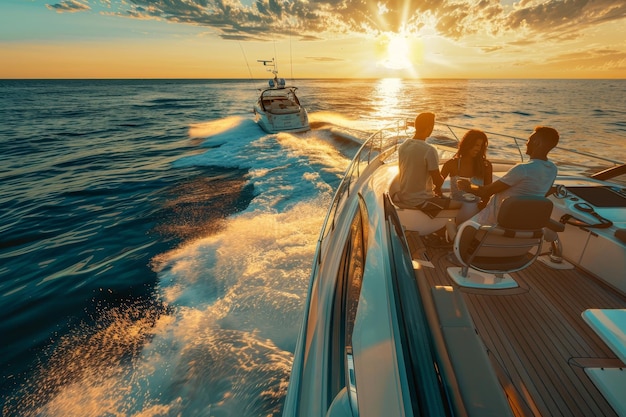 Photo group of friends enjoying luxury yacht sunset sailing adventure and vacation travel