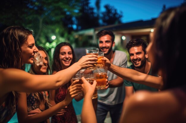 Group of friends enjoying a night by the pool in the villa's garden clinking their beers together in celebration Generative AI