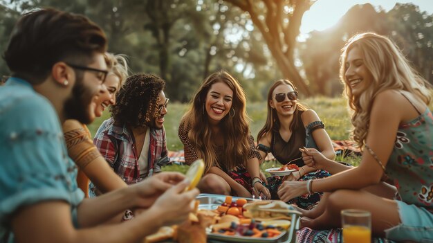 A group of friends enjoying a picnic in a park on a sunny day