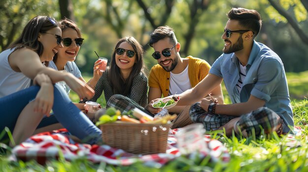 Photo group of friends enjoying a picnic in the park