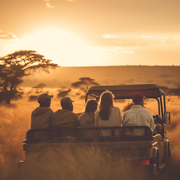 Group of friends enjoying a safari tour in an African savannah watching wildlife