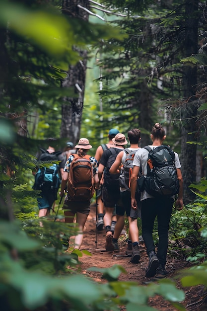 Group of Friends Enjoying a Scenic Hike Through Lush Mountain Trails on a Clear Day