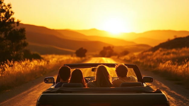 Photo group of friends enjoying a scenic sunset drive in a convertible car surrounded by nature and open roads