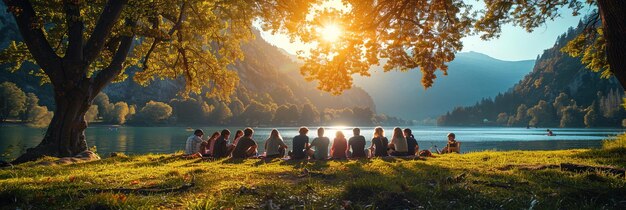 Photo group of friends enjoying sunset by the lake in the mountains