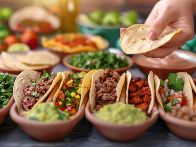 Photo group of friends enjoying a tacomaking competition during cinco de mayo experiencing festive fun