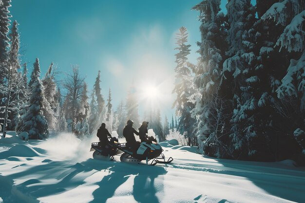 A group of friends enjoying a thrilling snowmobile ride across a snowy landscape capturing