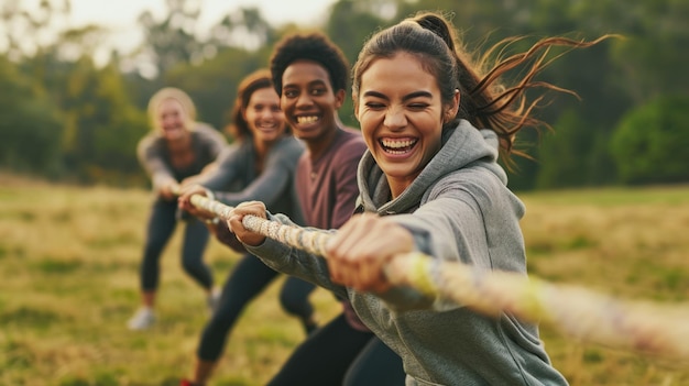 Group of Friends Enjoying Tug of War Game