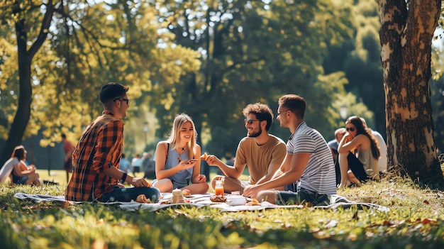 A group of friends enjoys a picnic lunch together in the park